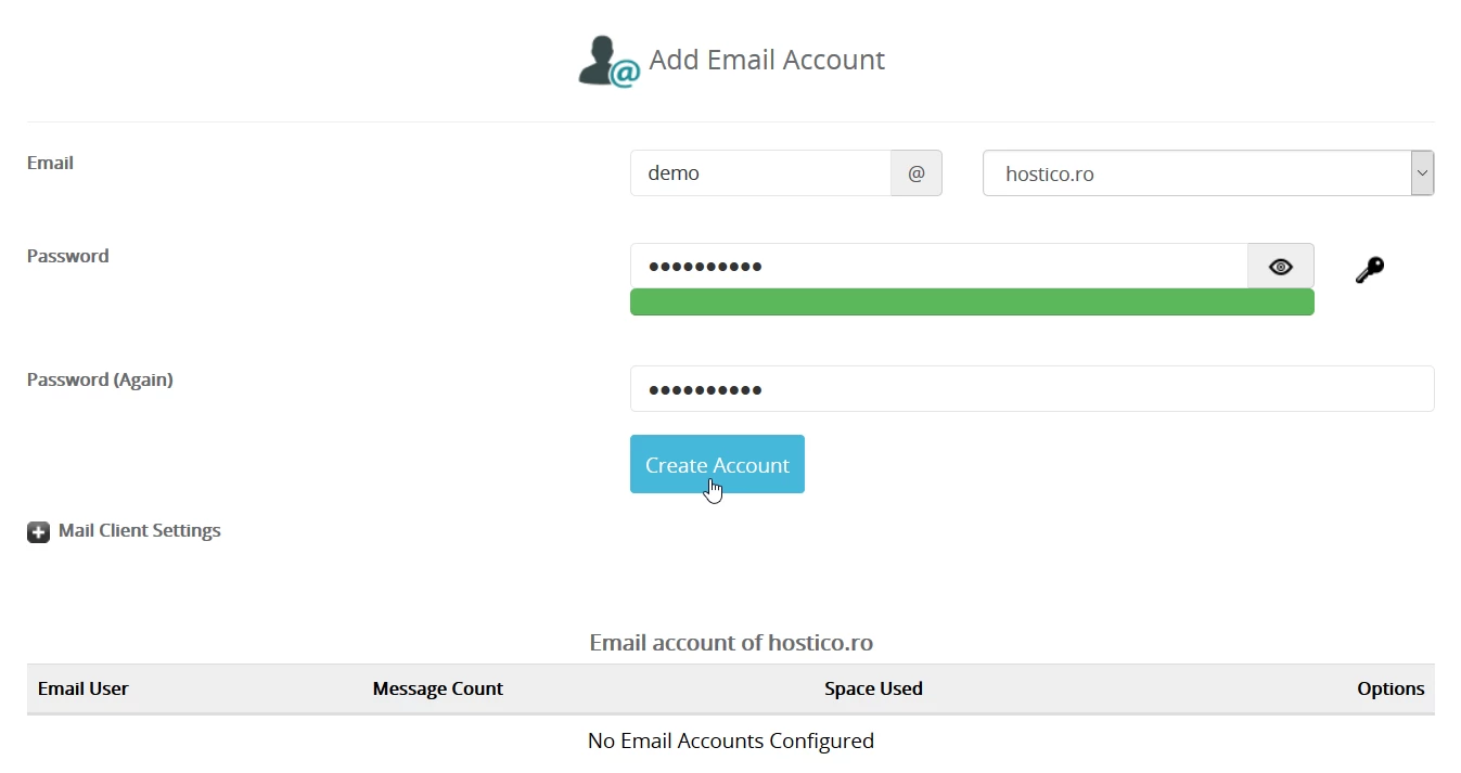 Adding email account and completing webuzo