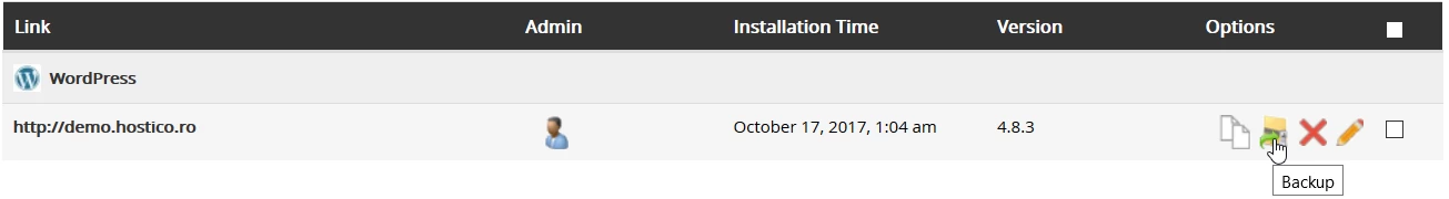 The Backup section of the Softaculous application