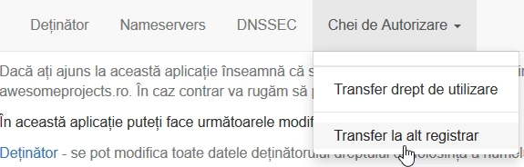 Sectiunea transfer la alt registrar Rotld