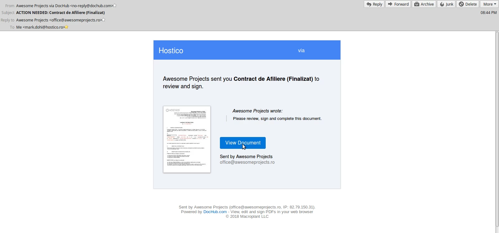 instiintare contract hostico