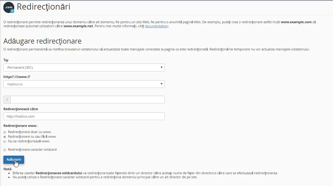 Adaugare redirectionare cPanel